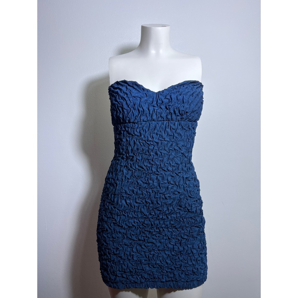Mystic Navy Blue Popcorn Crinkle Strapless Mini Dress Sweetheart Bodycon